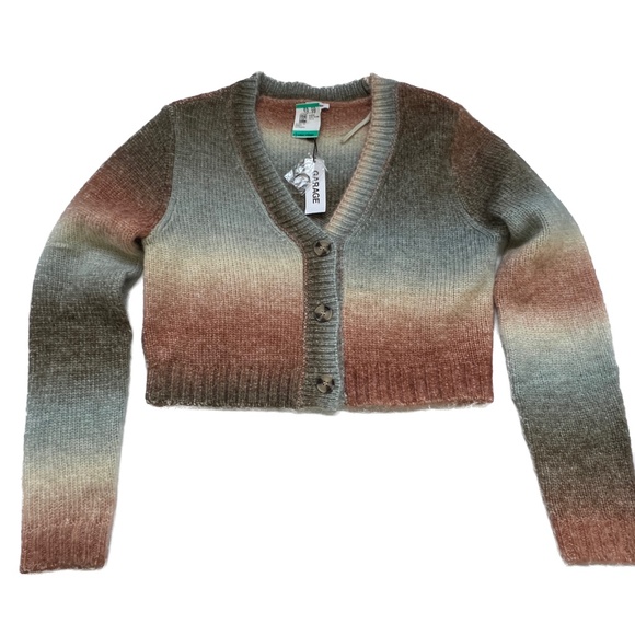 Garage Fuzzy Cardigan V Neck Button Up Cropped Size S Green Rust New NWT - Picture 1 of 6